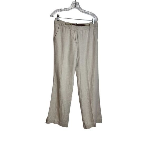 Micheal Kors 100% linen neutral beige flair belted trousers sz 2 - Picture 1 of 6